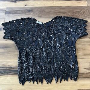 Vtg Henbo Witchy Going Out Asymmetric Women's Black Sequin Beaded Blouse Sz L
